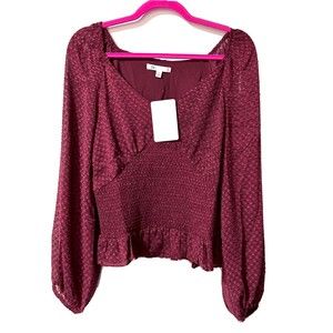 DR2 by Daniel Rainn Blouse Size M Smocked Waist Balloon Sleeve Burgundy Top NWT